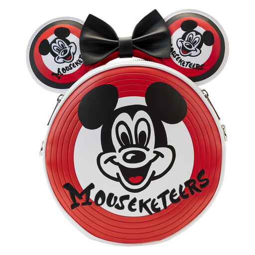 Mouseketeers crossbody bag in the shape of Mickey's drum with Mouseketeers ear headband sticking out of the pocket on the front.